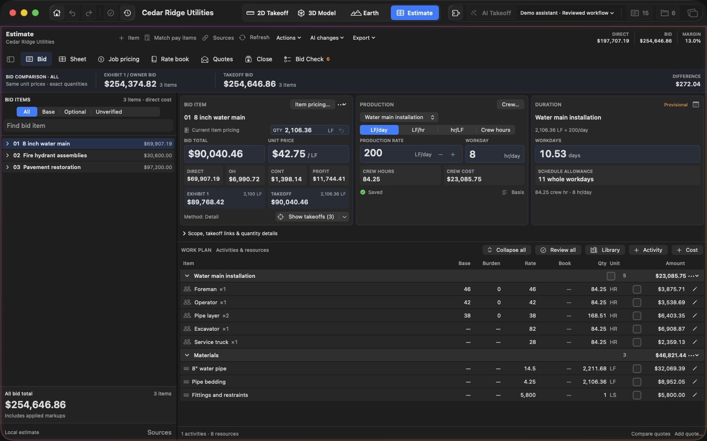 Linked estimate and unit prices in the Cedar Ridge Utilities demo