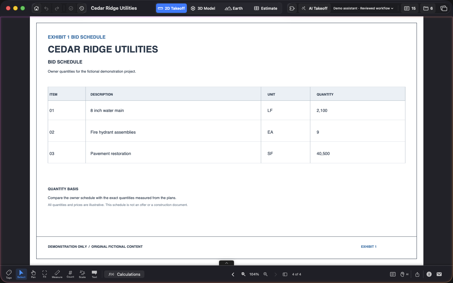 Owner bid schedule in the Cedar Ridge Utilities demo