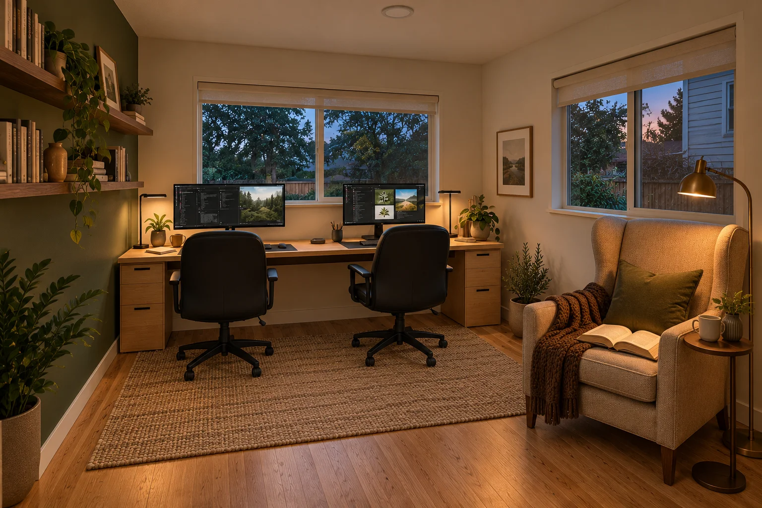 AI-generated evening office concept with an oatmeal wingback reading chair, warm brass lamp, book-filled walnut shelves and two black chairs at the long desk