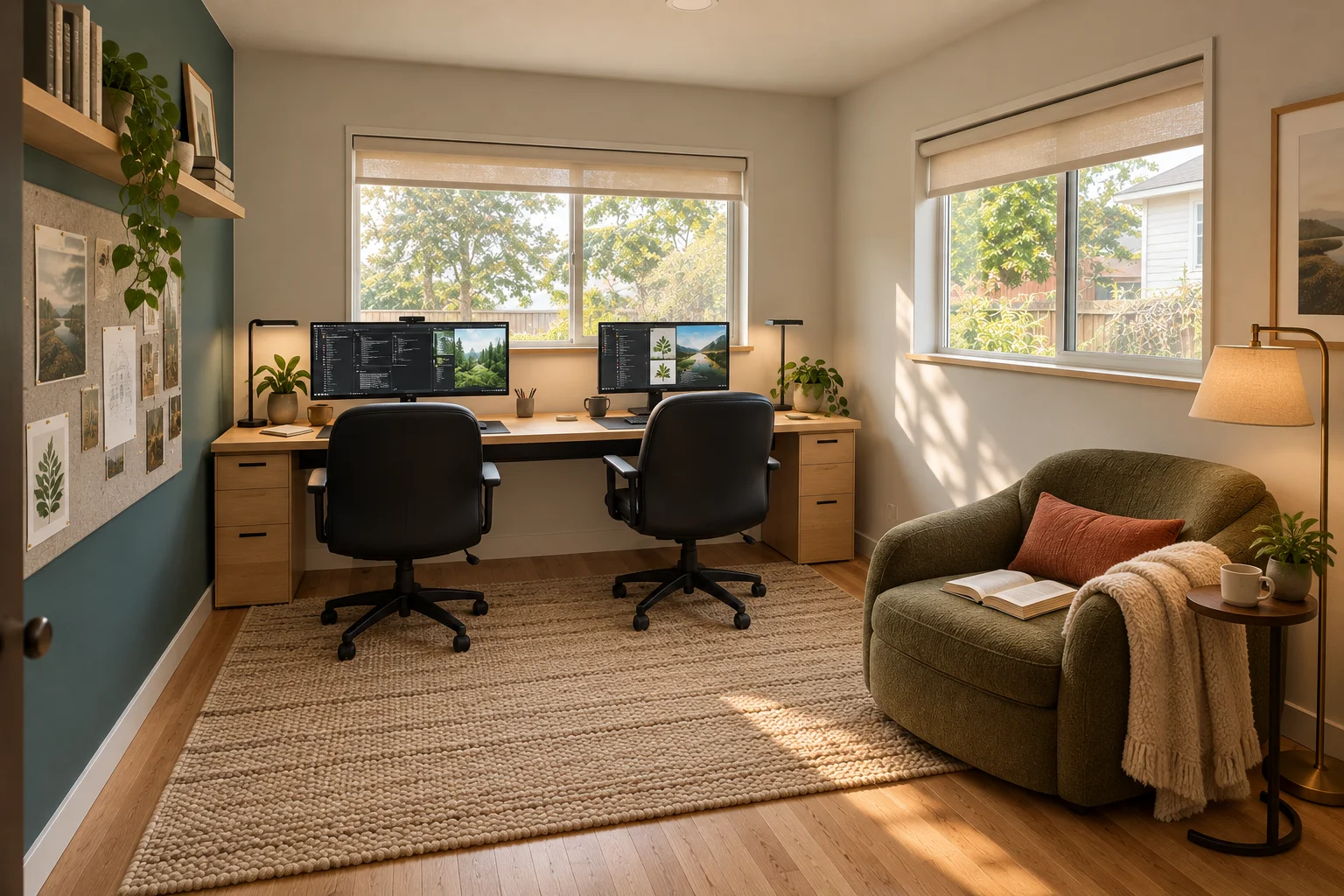 AI-generated office reading-nook idea with a soft olive lounge chair by the right window, pale oak desk, two black work chairs, books and a warm reading lamp